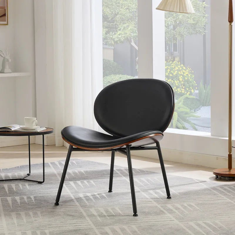 Fauteuil d’appoint lounge en similicuir avec placage imitation bois et assise en mousse haute densité