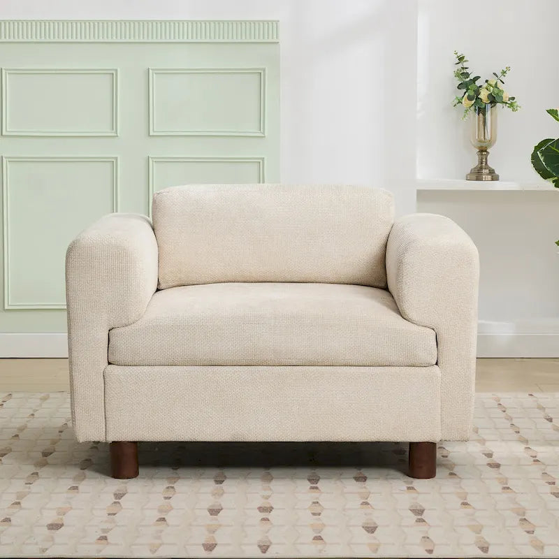 Fauteuil d’appoint surdimensionné en velours tissé avec coussin haute densité et pieds en bois d’hévéa