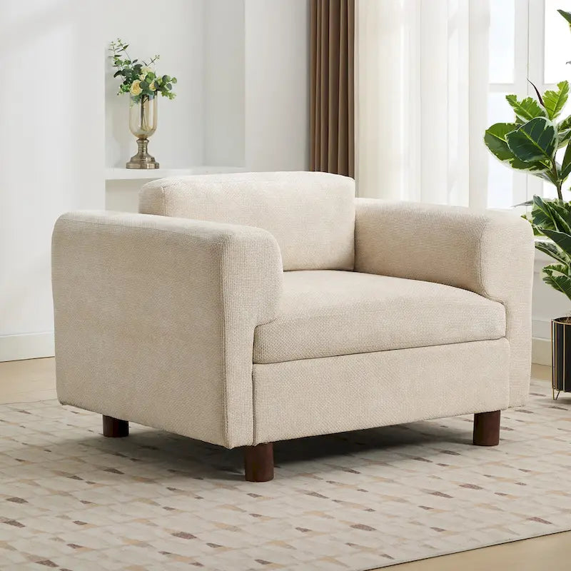 Fauteuil d’appoint surdimensionné en velours tissé avec coussin haute densité et pieds en bois d’hévéa