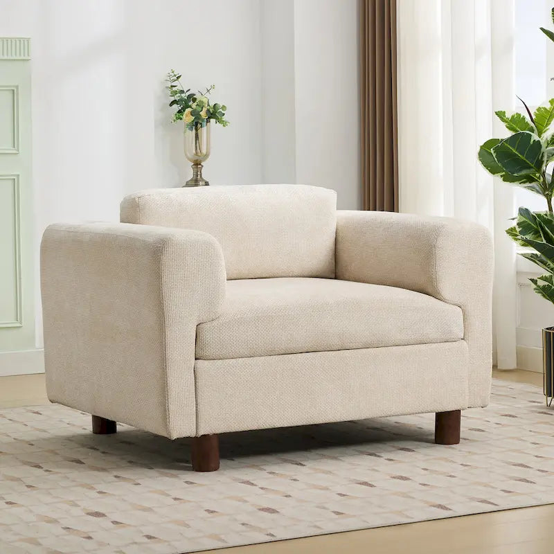 Fauteuil d’appoint surdimensionné en velours tissé avec coussin haute densité et pieds en bois d’hévéa