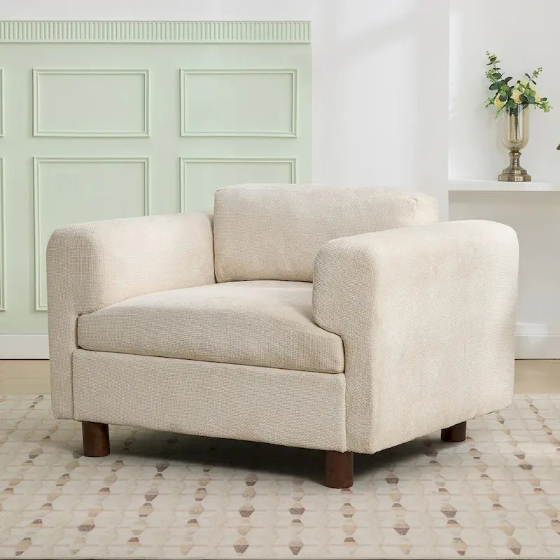 Fauteuil d’appoint surdimensionné en velours tissé avec coussin haute densité et pieds en bois d’hévéa