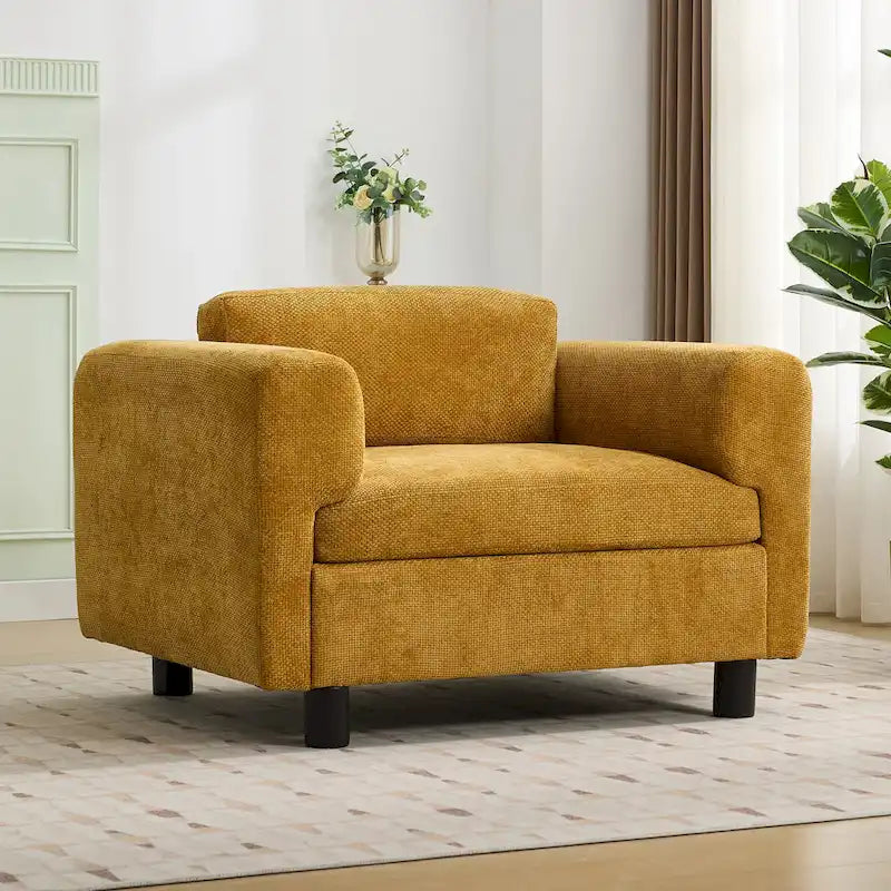 Fauteuil d’appoint surdimensionné en velours tissé avec coussin haute densité et pieds en bois d’hévéa