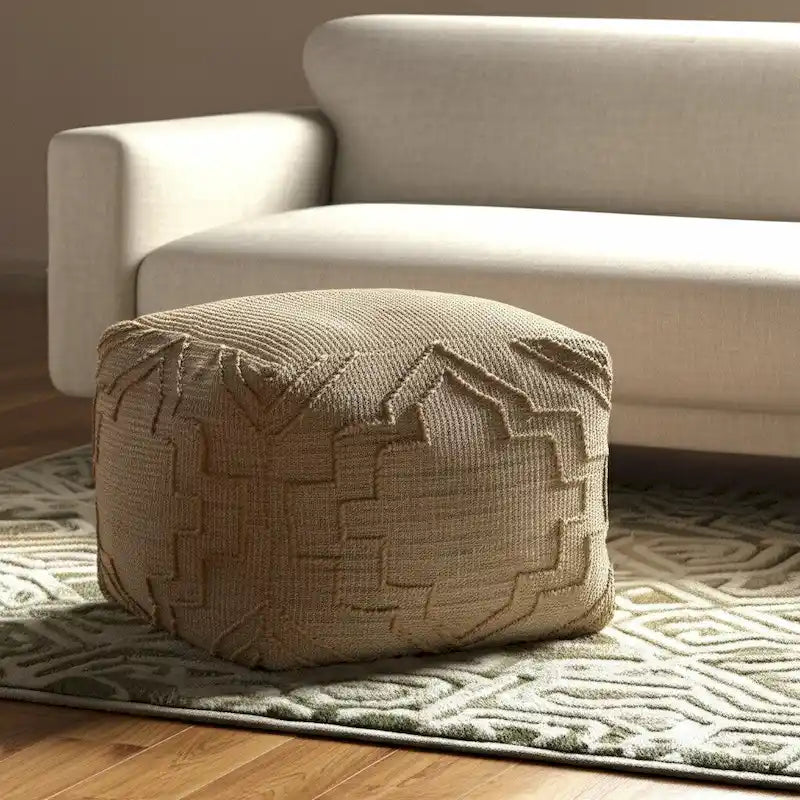 Handgewebter Würfel-Pouf aus Jute-Mischgewebe mit Vierpassmuster