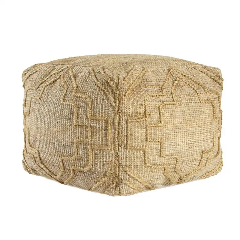 Handwoven Jute Blend Cube Pouf Ottoman with Quatrefoil Pattern