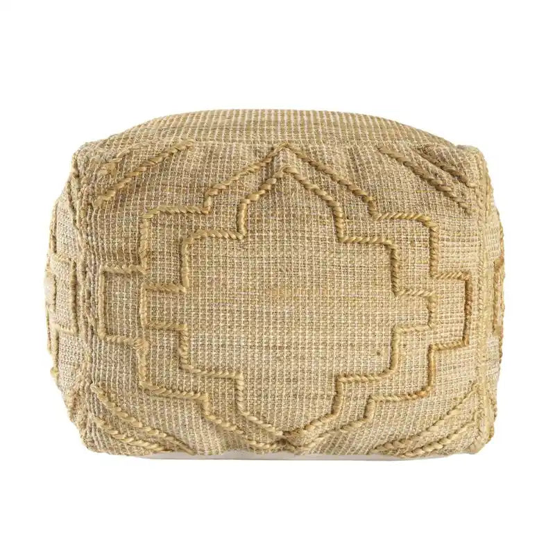 Handwoven Jute Blend Cube Pouf Ottoman with Quatrefoil Pattern