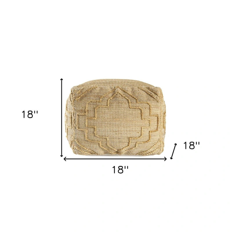 Handwoven Jute Blend Cube Pouf Ottoman with Quatrefoil Pattern