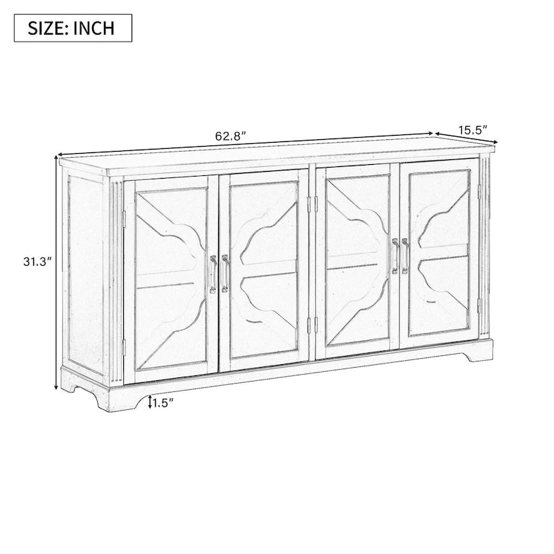 Farmhouse Solid Pine Wood Sideboard with Panel Doors & Metal Handles