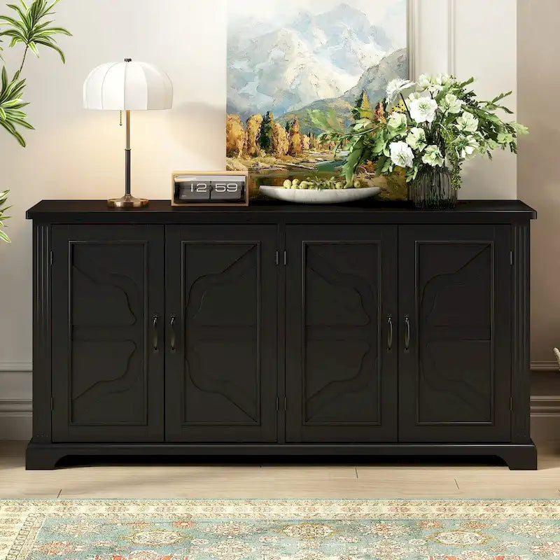 Farmhouse Solid Pine Wood Sideboard with Panel Doors & Metal Handles