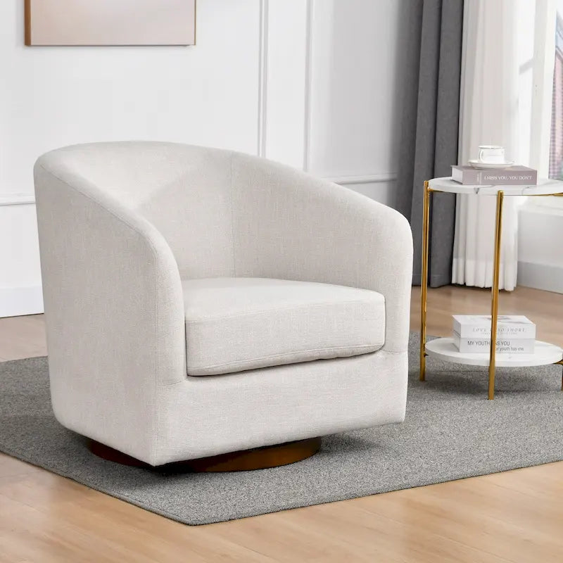 Poltrona decorativa a botte girevole con seduta ampia, in lino e con base in legno