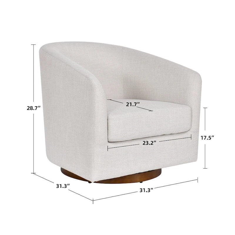 Poltrona decorativa a botte girevole con seduta ampia, in lino e con base in legno