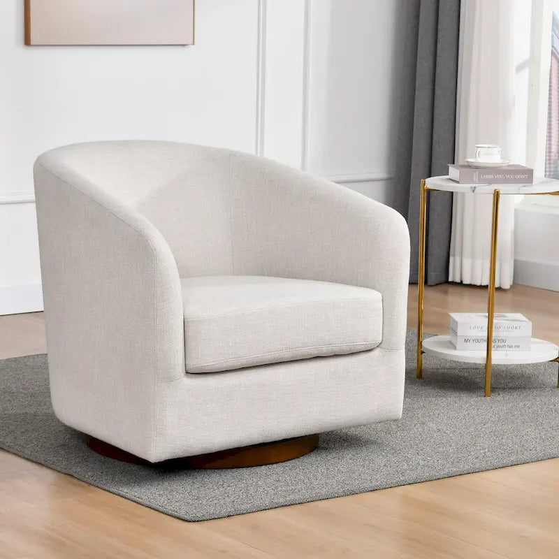 Poltrona decorativa a botte girevole con seduta ampia, in lino e con base in legno