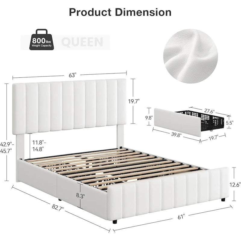 PU Leather Platform Bed Frame with 4 Storage Drawers & Adjustable Headboard