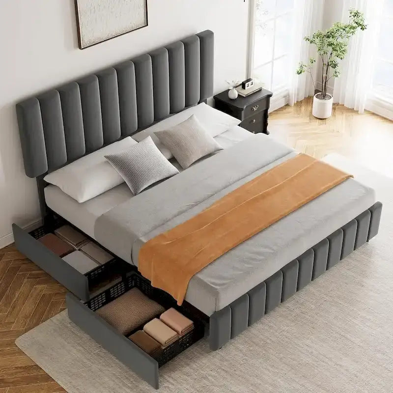 PU Leather Platform Bed Frame with 4 Storage Drawers & Adjustable Headboard