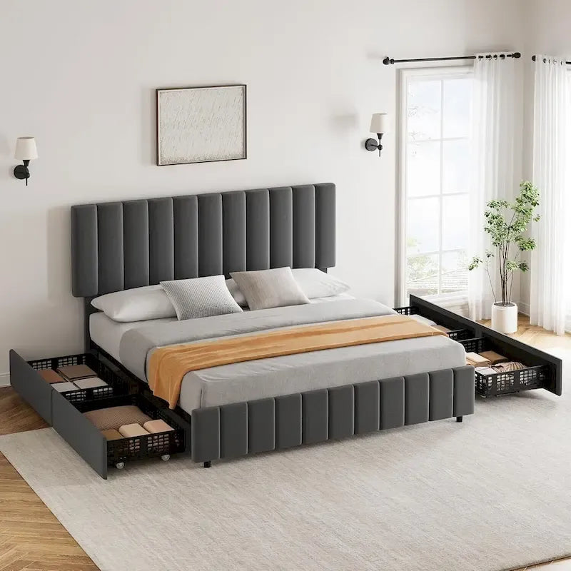 PU Leather Platform Bed Frame with 4 Storage Drawers & Adjustable Headboard
