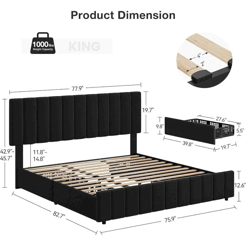 PU Leather Platform Bed Frame with 4 Storage Drawers & Adjustable Headboard