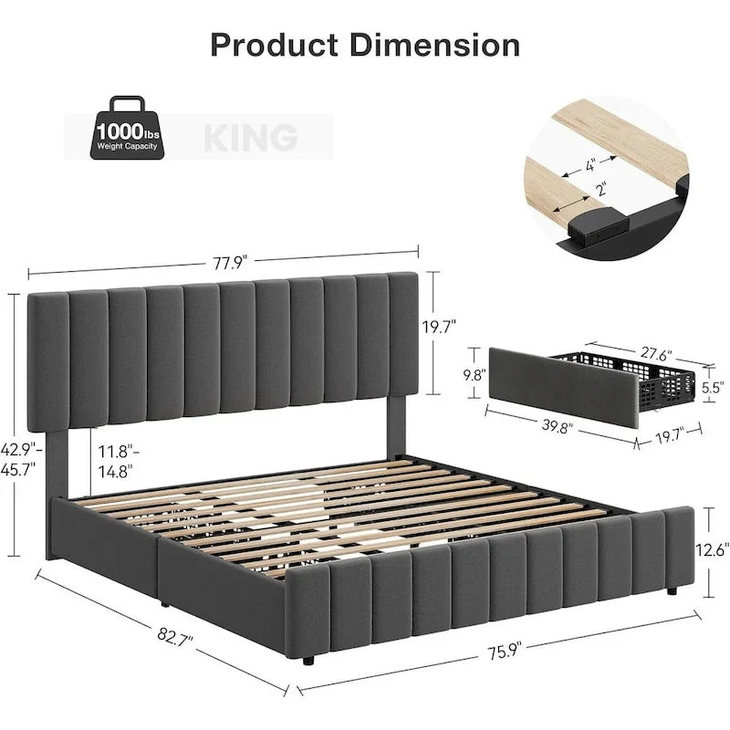 PU Leather Platform Bed Frame with 4 Storage Drawers & Adjustable Headboard