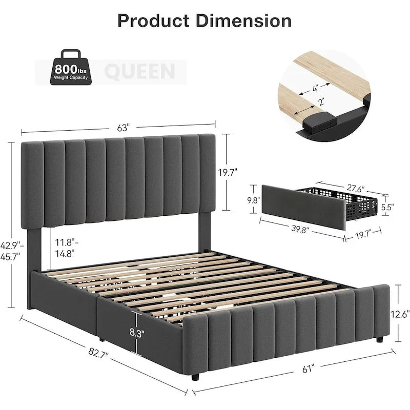 PU Leather Platform Bed Frame with 4 Storage Drawers & Adjustable Headboard