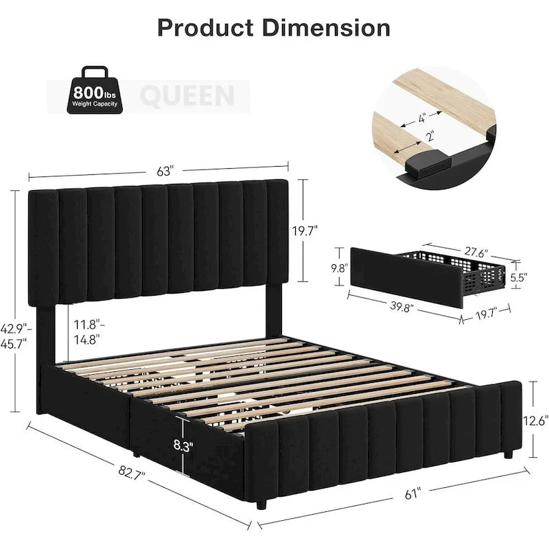 PU Leather Platform Bed Frame with 4 Storage Drawers & Adjustable Headboard