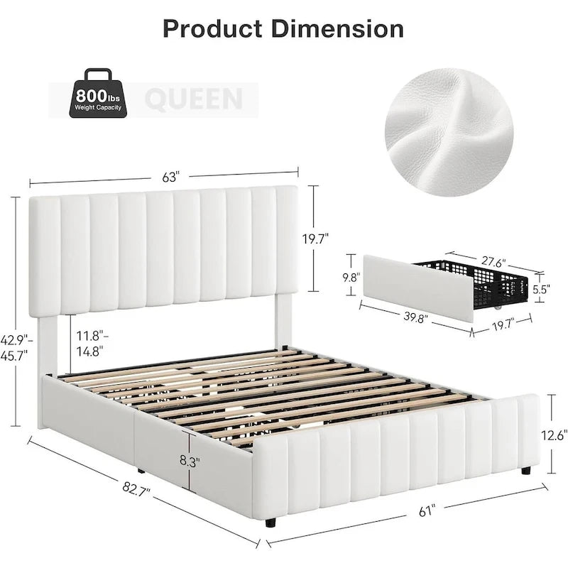 PU Leather Platform Bed Frame with 4 Storage Drawers & Adjustable Headboard