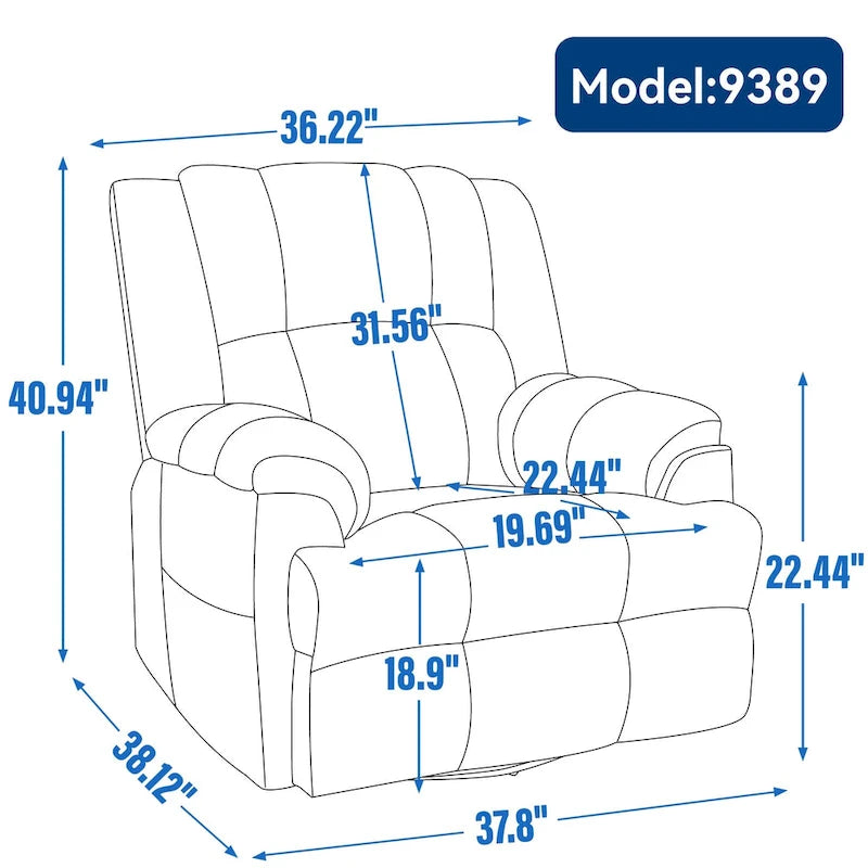 Poltrona reclinabile manuale oversize con rotazione a 360°, funzione dondolo e braccioli imbottiti