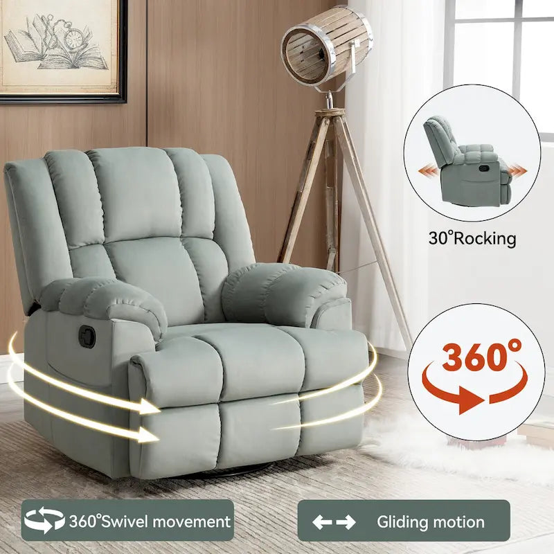 Poltrona reclinabile manuale oversize con rotazione a 360°, funzione dondolo e braccioli imbottiti