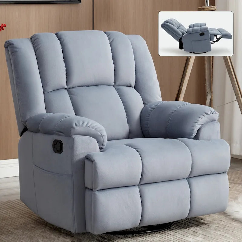 Poltrona reclinabile manuale oversize con rotazione a 360°, funzione dondolo e braccioli imbottiti