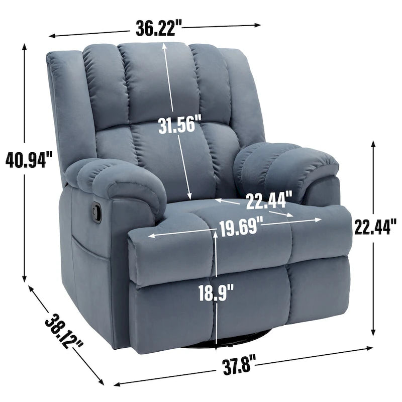 Poltrona reclinabile manuale oversize con rotazione a 360°, funzione dondolo e braccioli imbottiti