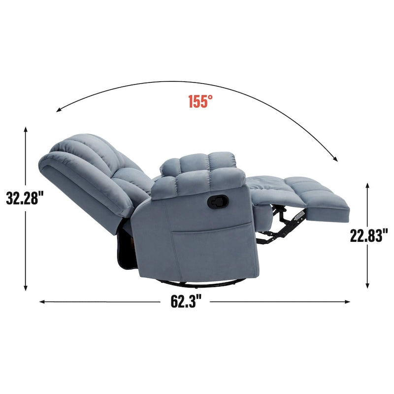 Poltrona reclinabile manuale oversize con rotazione a 360°, funzione dondolo e braccioli imbottiti