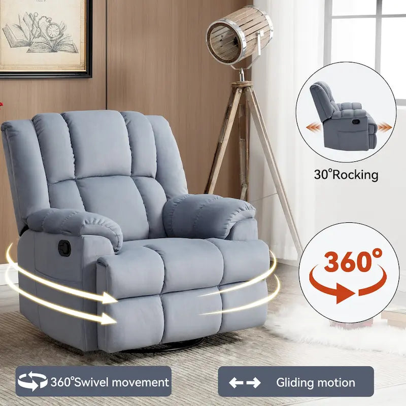 Poltrona reclinabile manuale oversize con rotazione a 360°, funzione dondolo e braccioli imbottiti