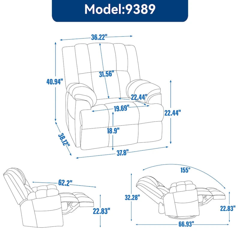 Poltrona reclinabile manuale oversize con rotazione a 360°, funzione dondolo e braccioli imbottiti