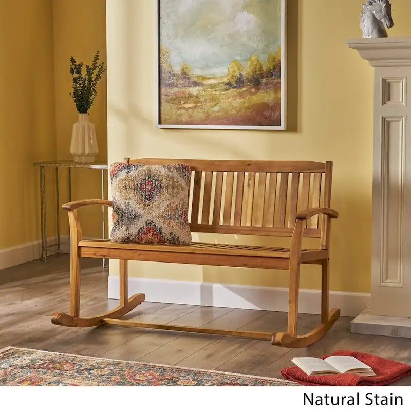 Handcrafted Acacia Wood Rocking Loveseat in Farmhouse Style