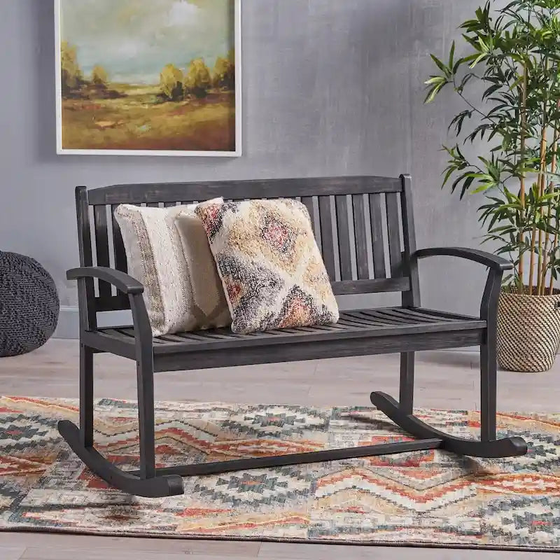 Handcrafted Acacia Wood Rocking Loveseat in Farmhouse Style