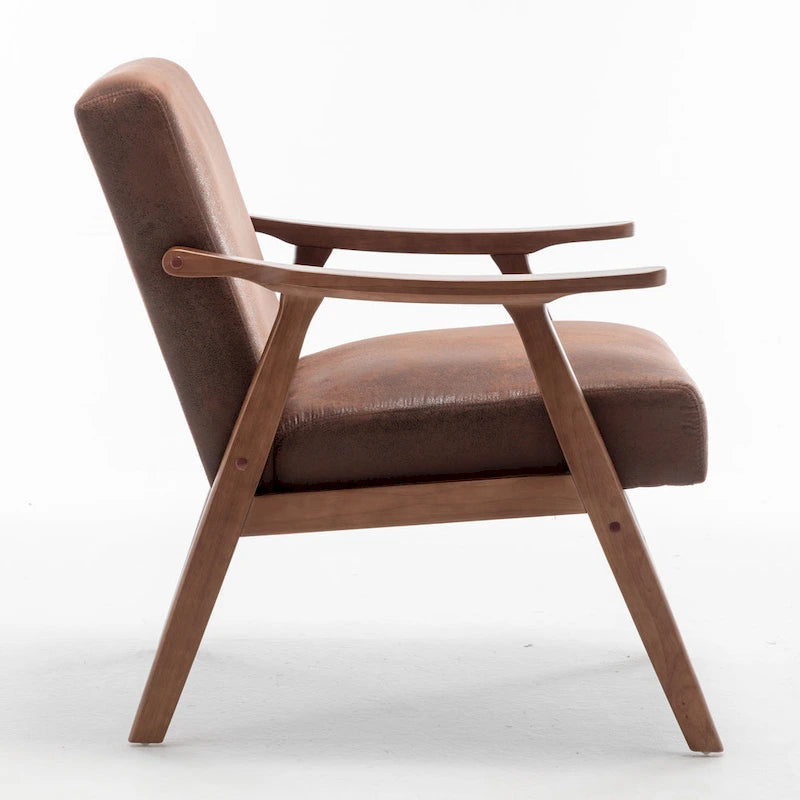 Moderner Mid-Century-Akzentstuhl mit offenem Holzrahmen und Mikrofaserpolstern