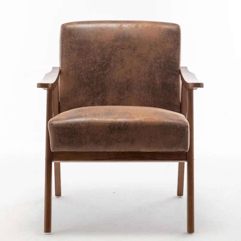 Moderner Mid-Century-Akzentstuhl mit offenem Holzrahmen und Mikrofaserpolstern