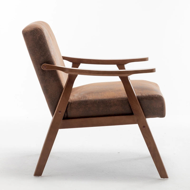 Moderner Mid-Century-Akzentstuhl mit offenem Holzrahmen und Mikrofaserpolstern
