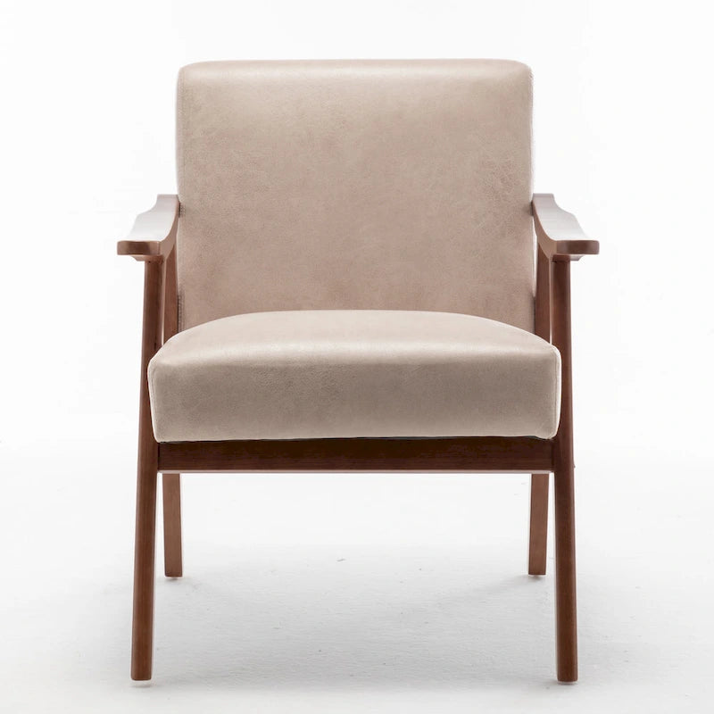 Moderner Mid-Century-Akzentstuhl mit offenem Holzrahmen und Mikrofaserpolstern
