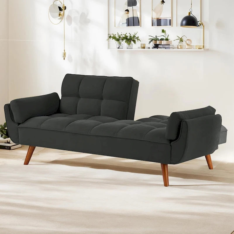 Ausziehbares Futon-Schlafsofa mit verstellbarer geteilter getufteter Rückenlehne und Beinen aus Gummibaumholz