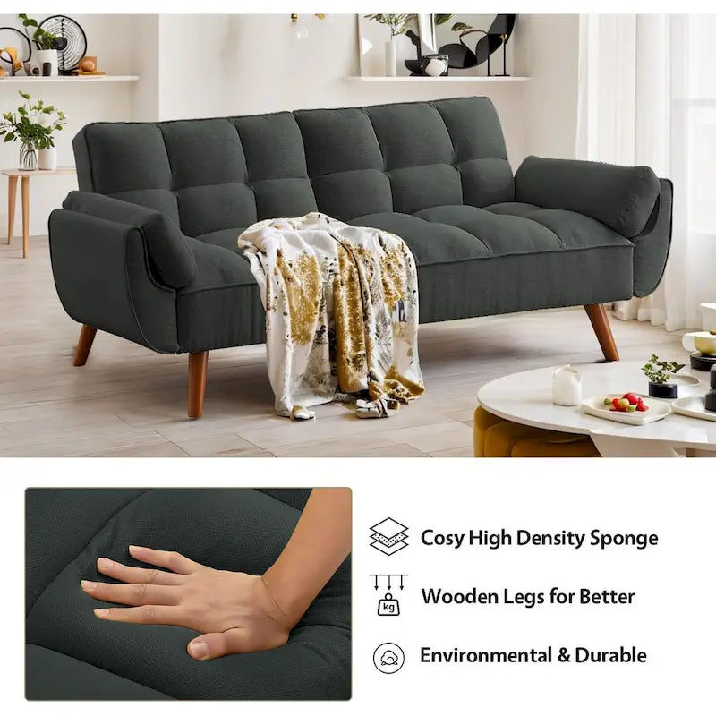 Convertible Futon Sofa Bed with Adjustable Split Tufted Back & Rubberwood Legs
