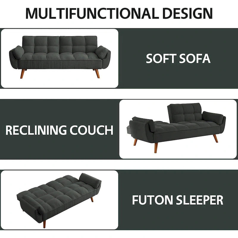 Ausziehbares Futon-Schlafsofa mit verstellbarer geteilter getufteter Rückenlehne und Beinen aus Gummibaumholz