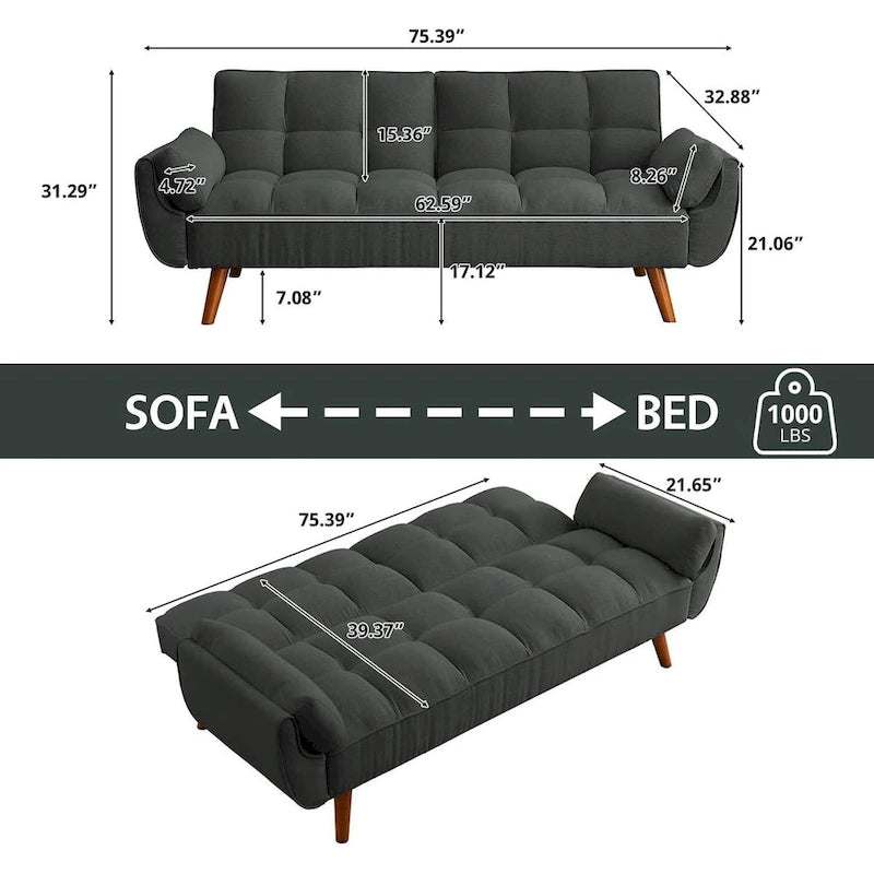 Ausziehbares Futon-Schlafsofa mit verstellbarer geteilter getufteter Rückenlehne und Beinen aus Gummibaumholz