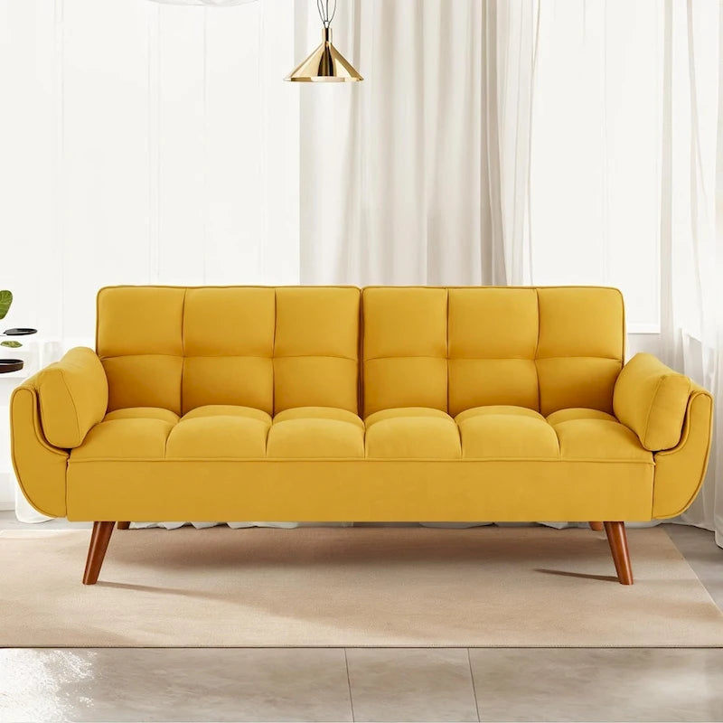 Ausziehbares Futon-Schlafsofa mit verstellbarer geteilter getufteter Rückenlehne und Beinen aus Gummibaumholz