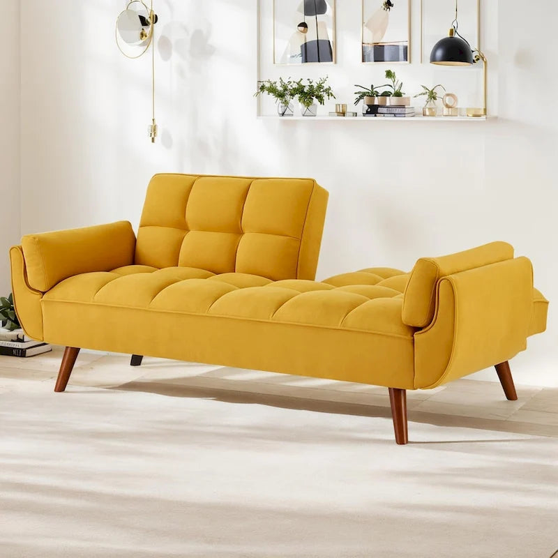 Ausziehbares Futon-Schlafsofa mit verstellbarer geteilter getufteter Rückenlehne und Beinen aus Gummibaumholz