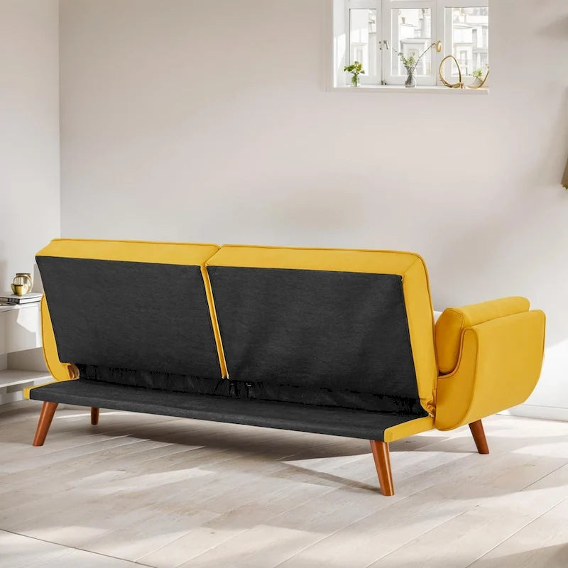 Ausziehbares Futon-Schlafsofa mit verstellbarer geteilter getufteter Rückenlehne und Beinen aus Gummibaumholz