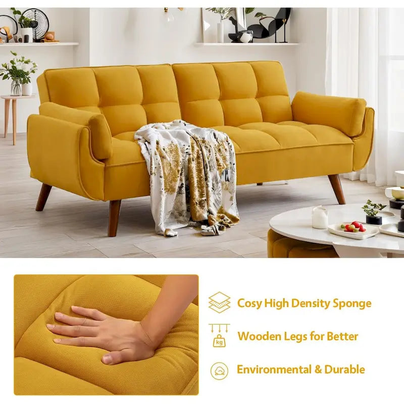 Ausziehbares Futon-Schlafsofa mit verstellbarer geteilter getufteter Rückenlehne und Beinen aus Gummibaumholz