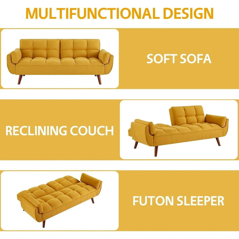 Ausziehbares Futon-Schlafsofa mit verstellbarer geteilter getufteter Rückenlehne und Beinen aus Gummibaumholz