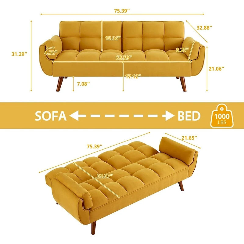 Ausziehbares Futon-Schlafsofa mit verstellbarer geteilter getufteter Rückenlehne und Beinen aus Gummibaumholz