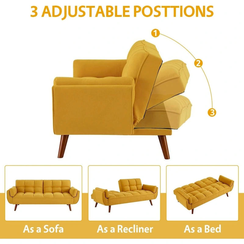 Ausziehbares Futon-Schlafsofa mit verstellbarer geteilter getufteter Rückenlehne und Beinen aus Gummibaumholz