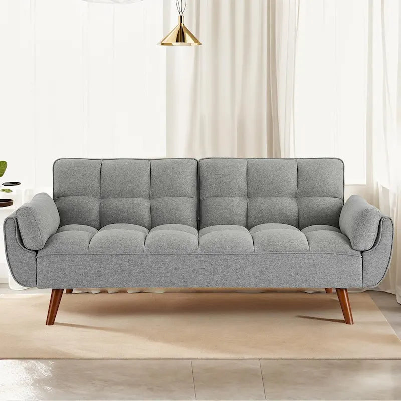 Ausziehbares Futon-Schlafsofa mit verstellbarer geteilter getufteter Rückenlehne und Beinen aus Gummibaumholz
