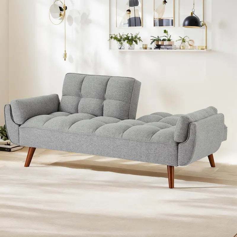 Ausziehbares Futon-Schlafsofa mit verstellbarer geteilter getufteter Rückenlehne und Beinen aus Gummibaumholz