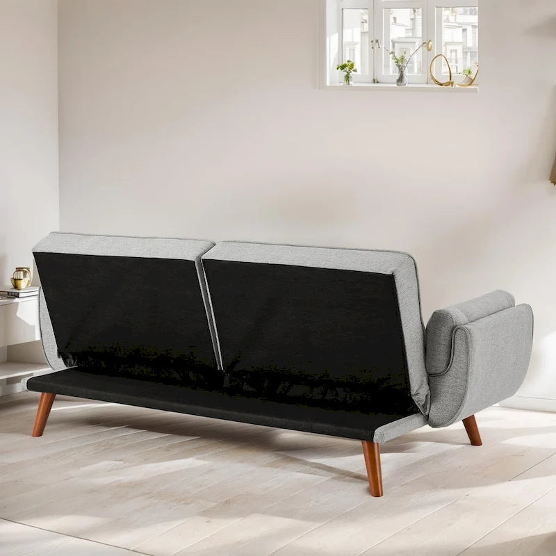 Ausziehbares Futon-Schlafsofa mit verstellbarer geteilter getufteter Rückenlehne und Beinen aus Gummibaumholz